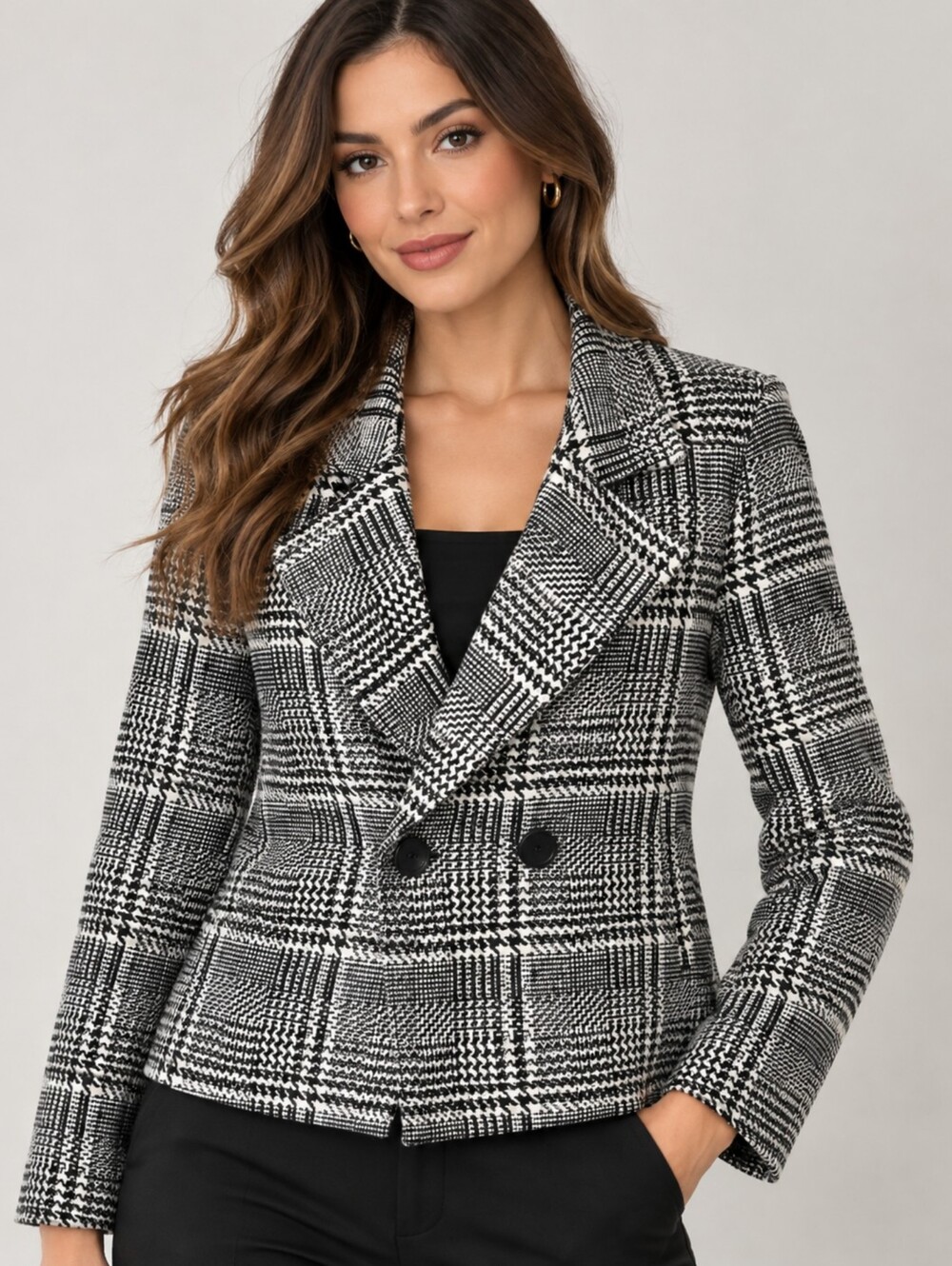 Allegra K Plaid Double Breasted Peacoat Jacket Black White S NWT